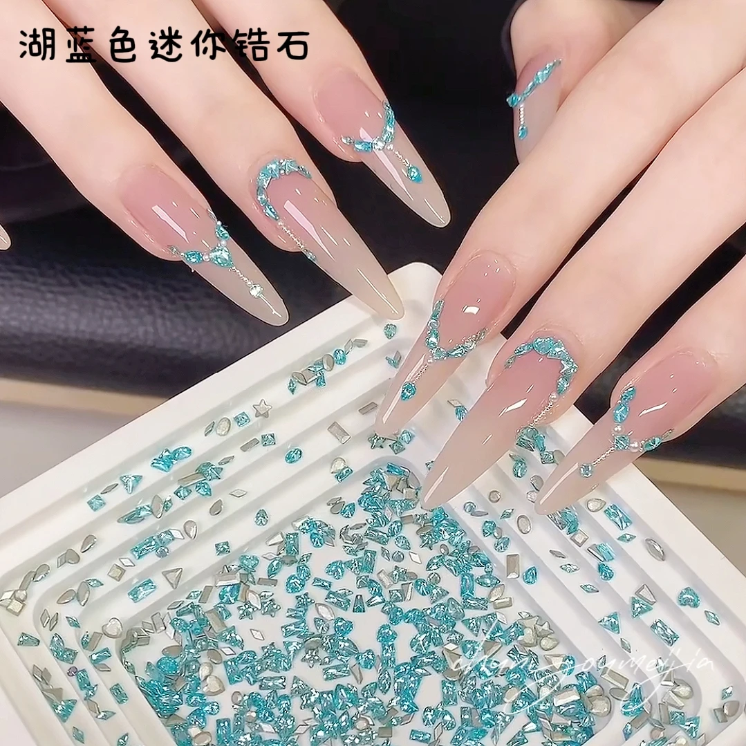 新款美甲湖蓝色迷你小号锆石平底美甲异形钻蓝色5A平底锆石混装钻