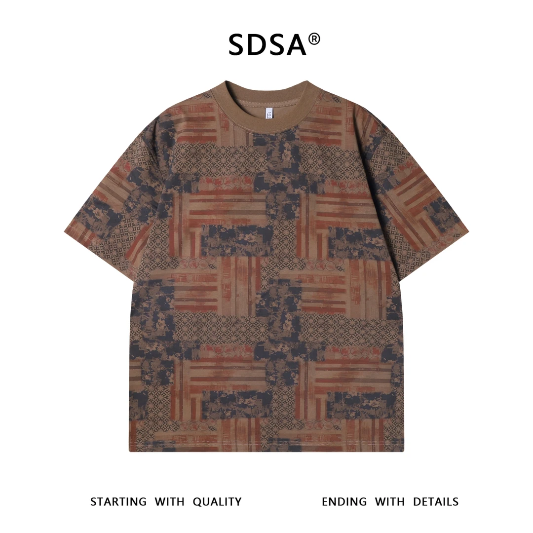 夏季高级感新款韩系抽象撞色几何线条圆领短袖T恤宽松复古上衣