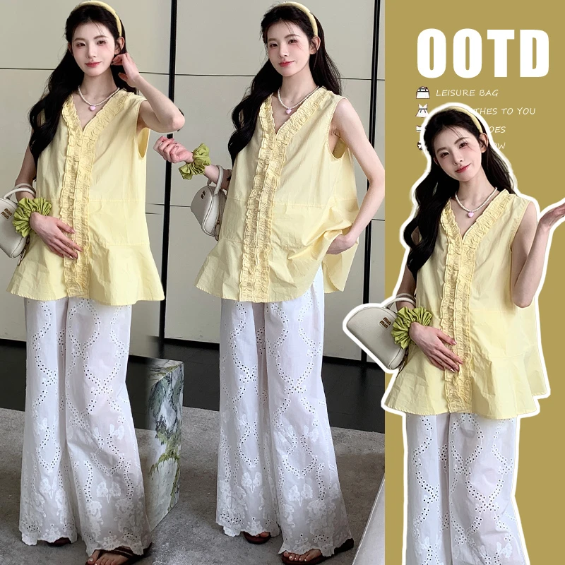 时髦孕妇套装韩版宽松木耳边娃娃衫上衣碎花显瘦蕾丝阔腿裤两件套