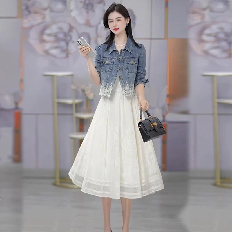 时尚套装裙女春季新款显瘦短款蕾丝花边牛仔外套背心连衣裙两件套
