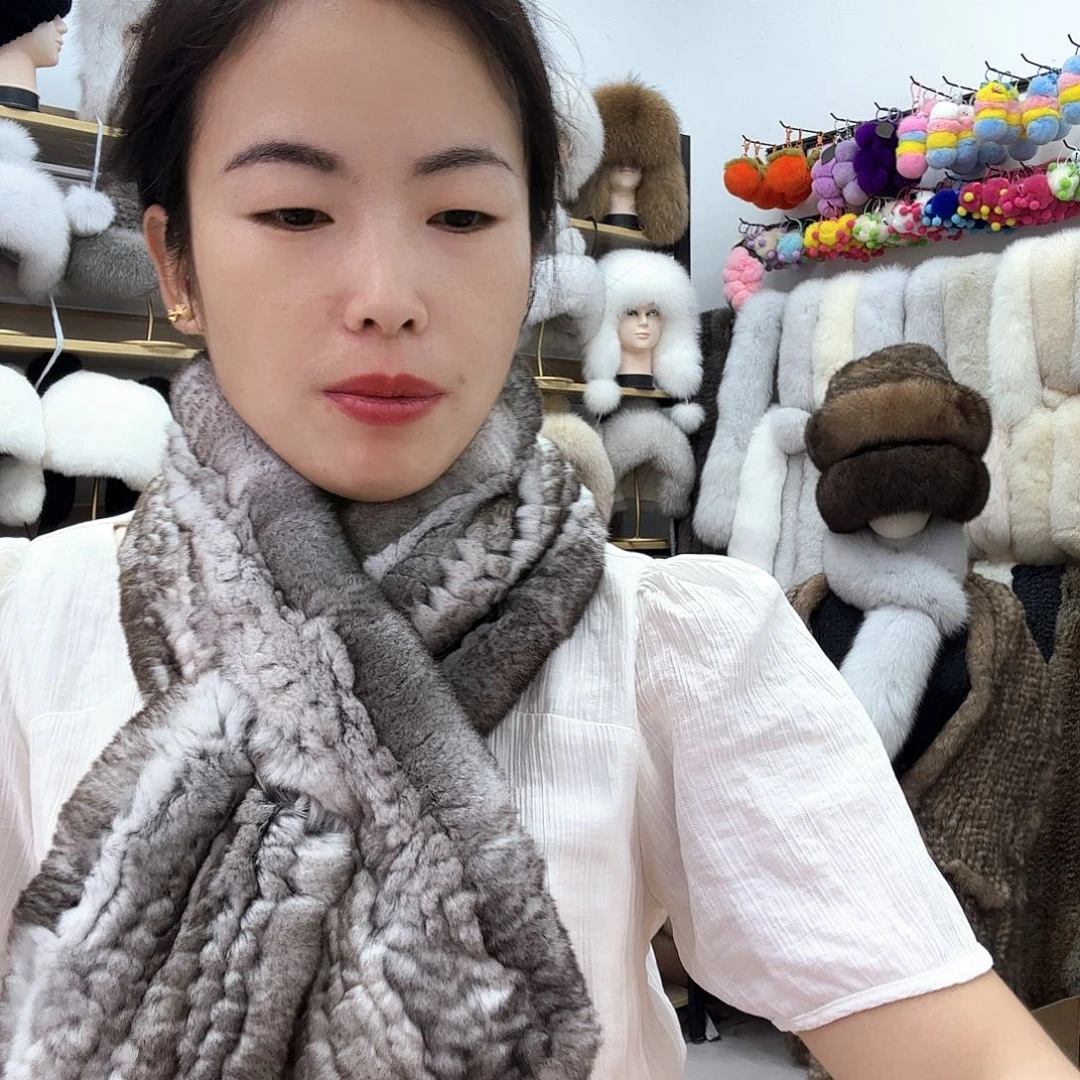 兔皮龙猫色兔毛编织围巾