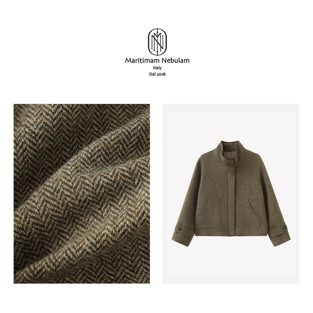 MN.【复古画报】立领短款人字纹羊毛拼接pu皮轮廓大衣外套 SZ2485