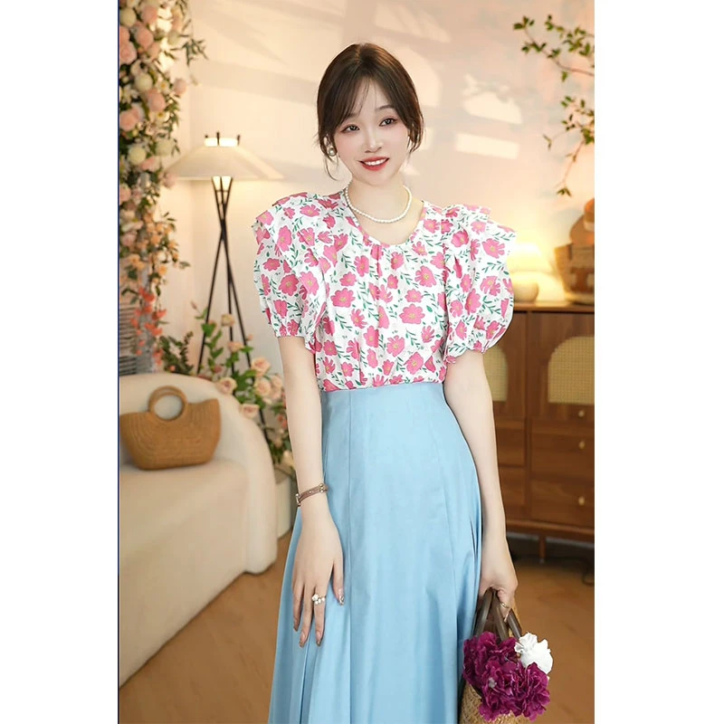 粉色碎花衬衫女小众时尚百搭宽松版短袖衬衫