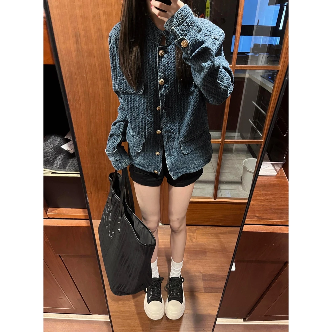 牛仔立领蓝色小香风外套女秋季宽松小众肌理感夹克百搭气质上衣