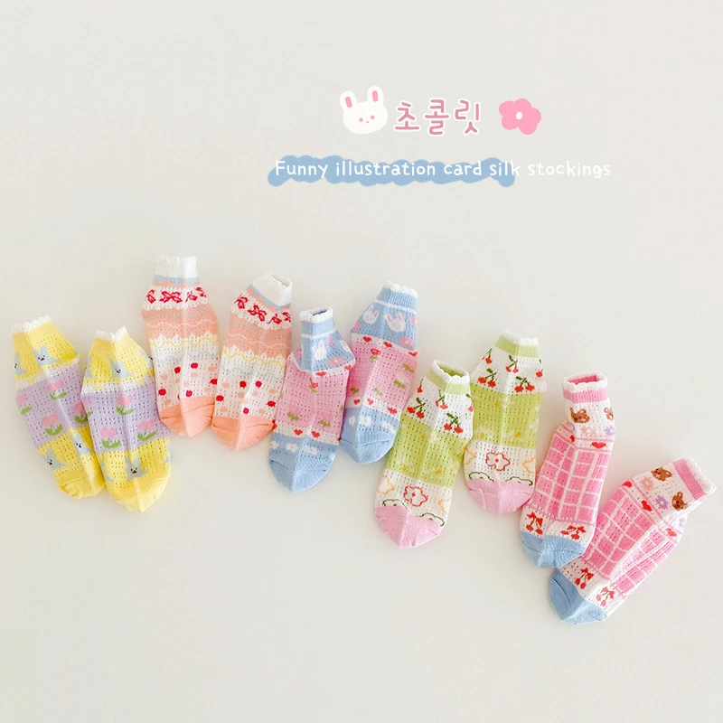 1432儿童袜子2023春夏薄款格子小熊网眼袜花边棉卡丝女童袜子