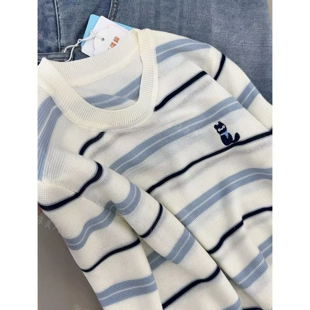 蓝条小猫」柔软百搭刺绣圆领薄款长袖针织衫女2025春秋新款 长57