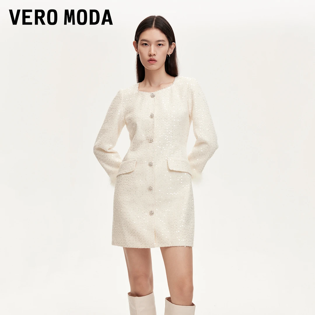 Vero Moda连衣裙商场同款新品亮片小香风可拆羽毛袖口32517D019