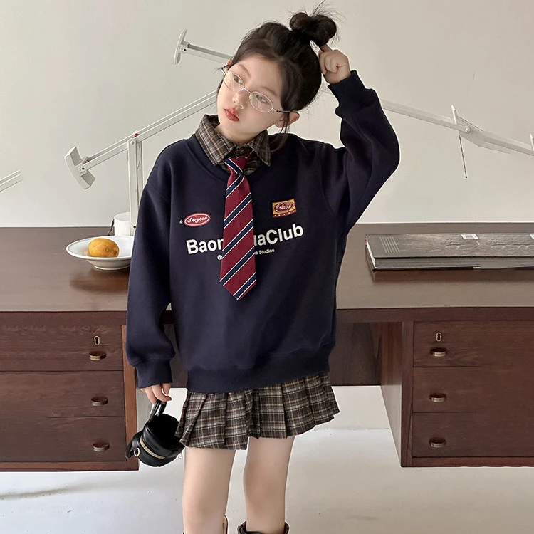 儿童秋装女童套装裙6-12岁潮款高级感大童假两件卫衣百褶裙学院风