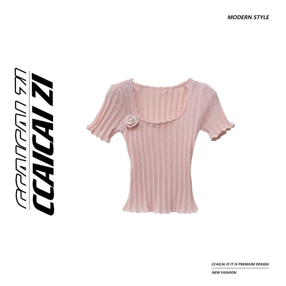 [no退no换]【浪漫山茶】方领纯欲花边冰丝针织薄款上衣胸针可拆卸83