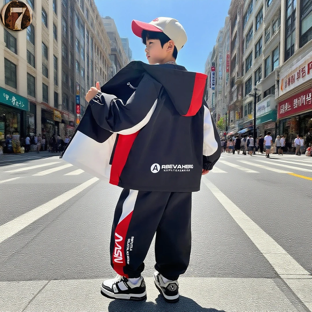 男童春秋套装2025新款儿童韩版拼色冲锋衣中大童秋季男孩两件套潮