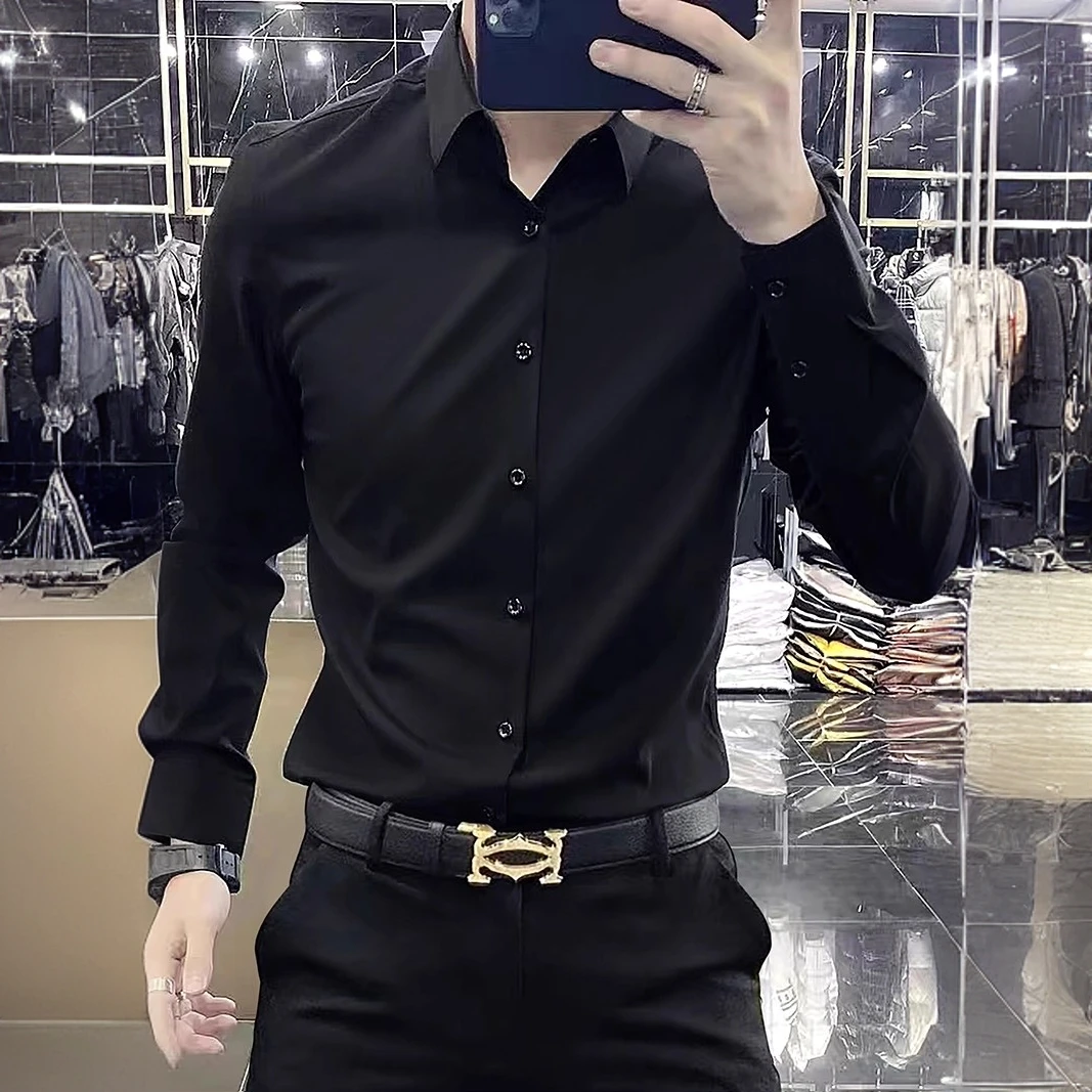 雅痞高级感免烫休闲衬衫男春秋长袖纯色商务正装丝滑垂感衬衣男士