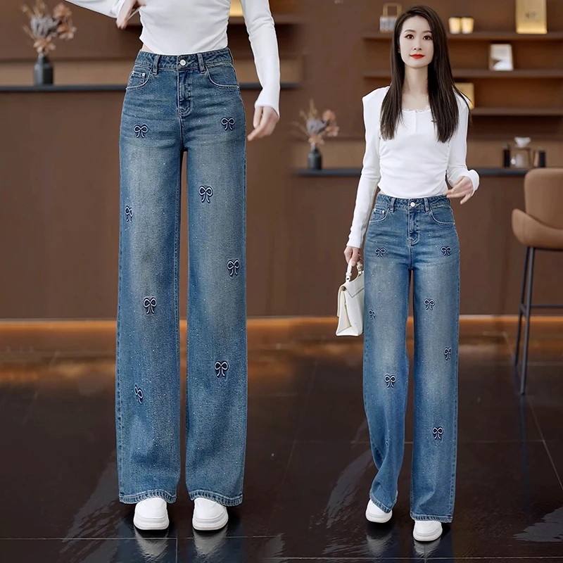牛仔裤女2025年春秋新款烫钻直筒裤美式高街宽松高腰窄版阔腿裤子