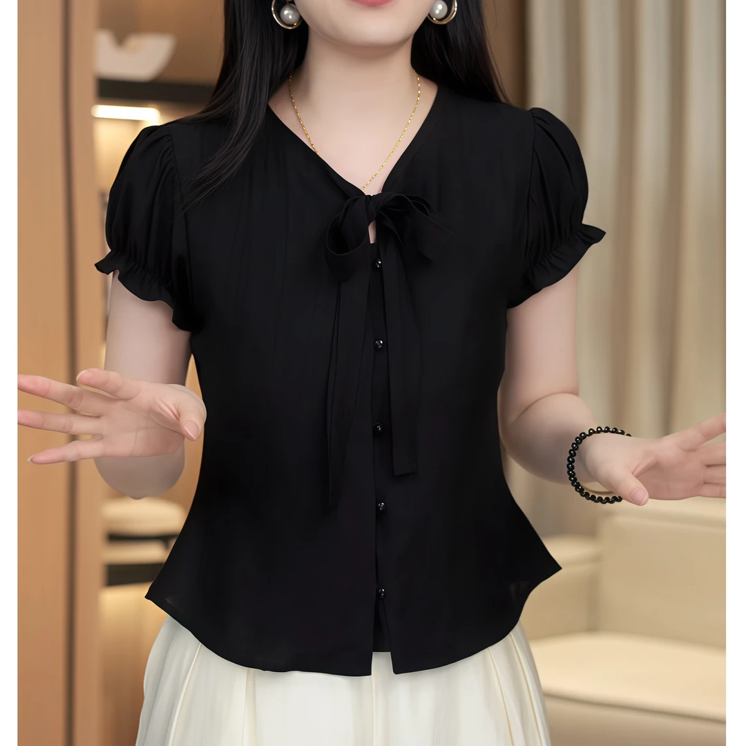 2025高级感复古黑色泡泡袖衬衫女装夏季气质V领显瘦百搭上衣新款