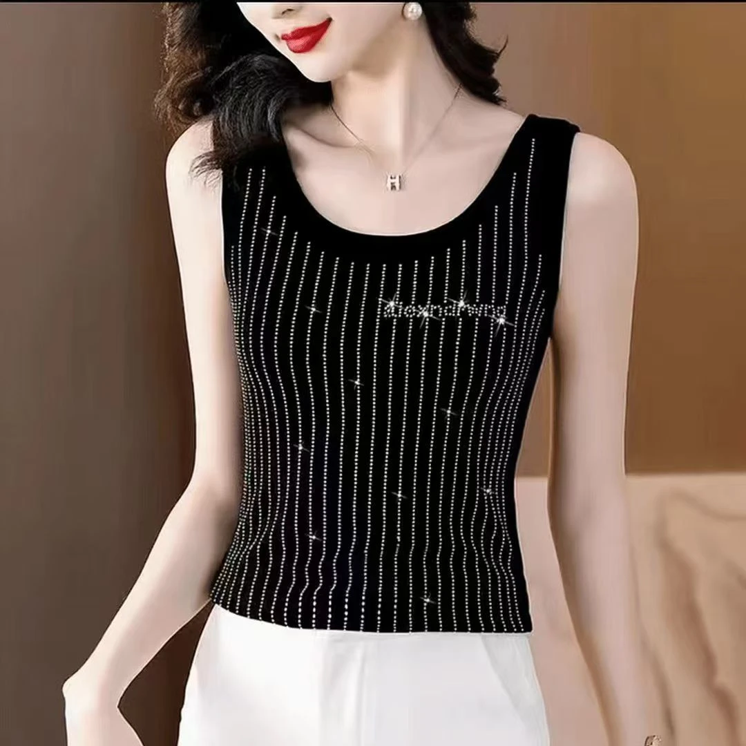 镶钻打底宽松春夏时尚潮流显瘦夏装背心黑色时尚通勤女装吊带韩版
