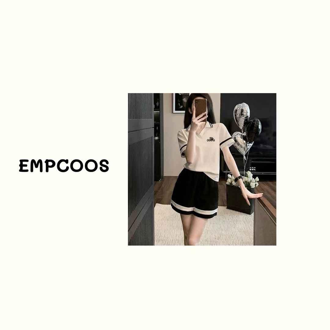 【EMPCOOS】2件套夏季女短袖短裤宽松POLO领休闲印花套装女259