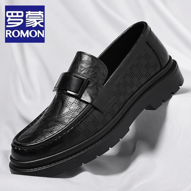 Romon/罗蒙2025夏季新款商务正装皮鞋男镂空透气黑色英伦套脚男鞋