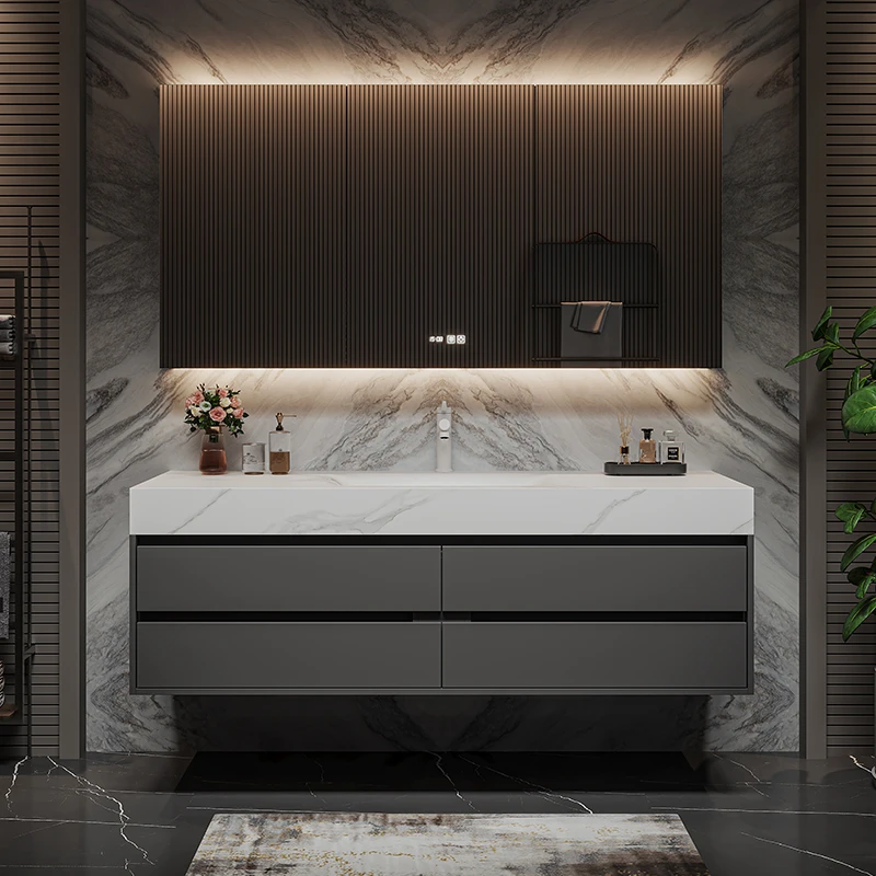 陶瓷岩板浴室柜洗脸定制洗手盆洗漱台智能卫生间卫浴柜实木酒店风