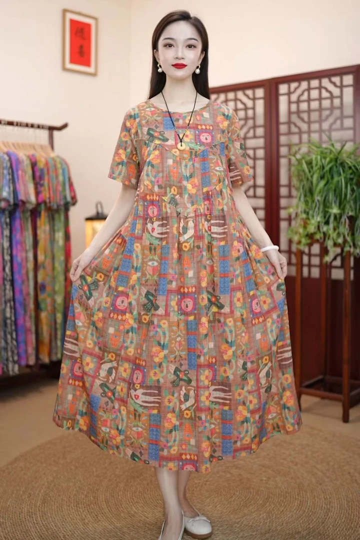 [乐园]夏季新款高级气质棉麻柔软遮肚宽松显瘦连衣裙子妈妈装