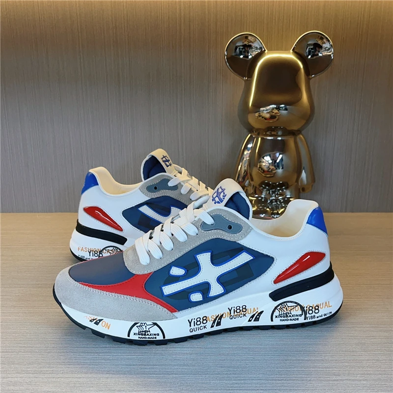 欧洲站男士户外运动米字鞋2025春季新款休闲百搭头层牛皮拼接男鞋