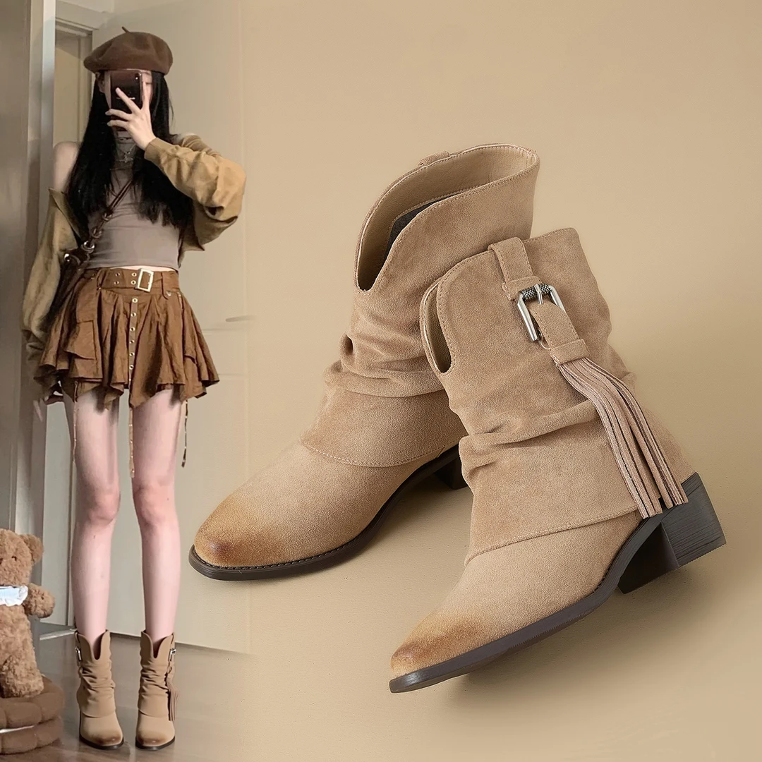 ZHR流苏尖头短靴女2025新款秋冬季废土风绒面粗跟短靴褶皱堆堆靴