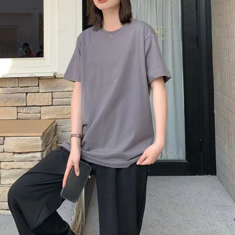 美式纯色t恤宽松大码潮牌圆领短袖显瘦百搭落肩半袖加肥加大体恤