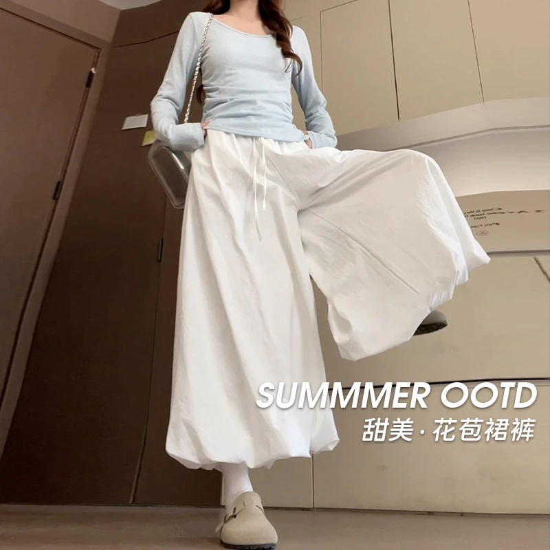 花苞裙裤半身裙女2025夏季新胖mm梨形身材显瘦遮肚高腰休闲阔腿裤