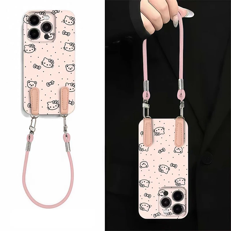 波点小熊KT挂绳适用苹果16菲林手机壳华为高级vivo小米15新款oppo