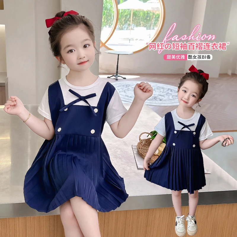 女童连衣裙百褶裙假两件2025夏季新款韩版公主裙薄款中小童裙潮