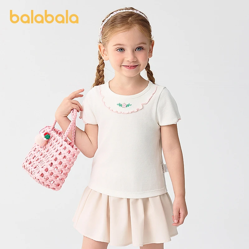 巴拉巴拉童装宝宝短袖女童T恤儿童上衣简约可爱夏装正肩内搭绣花