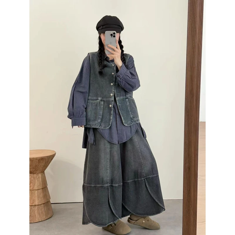 马夹日系女马甲纯色做旧秋季马甲套装韩版秋季洋气