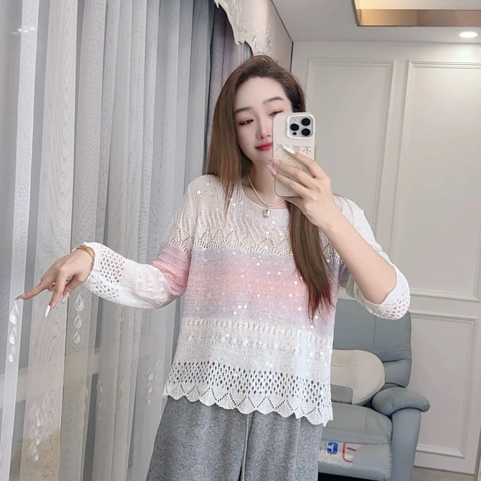 显瘦秋上衣通勤风镂空薄款百搭时尚套装时尚洋气针织长袖