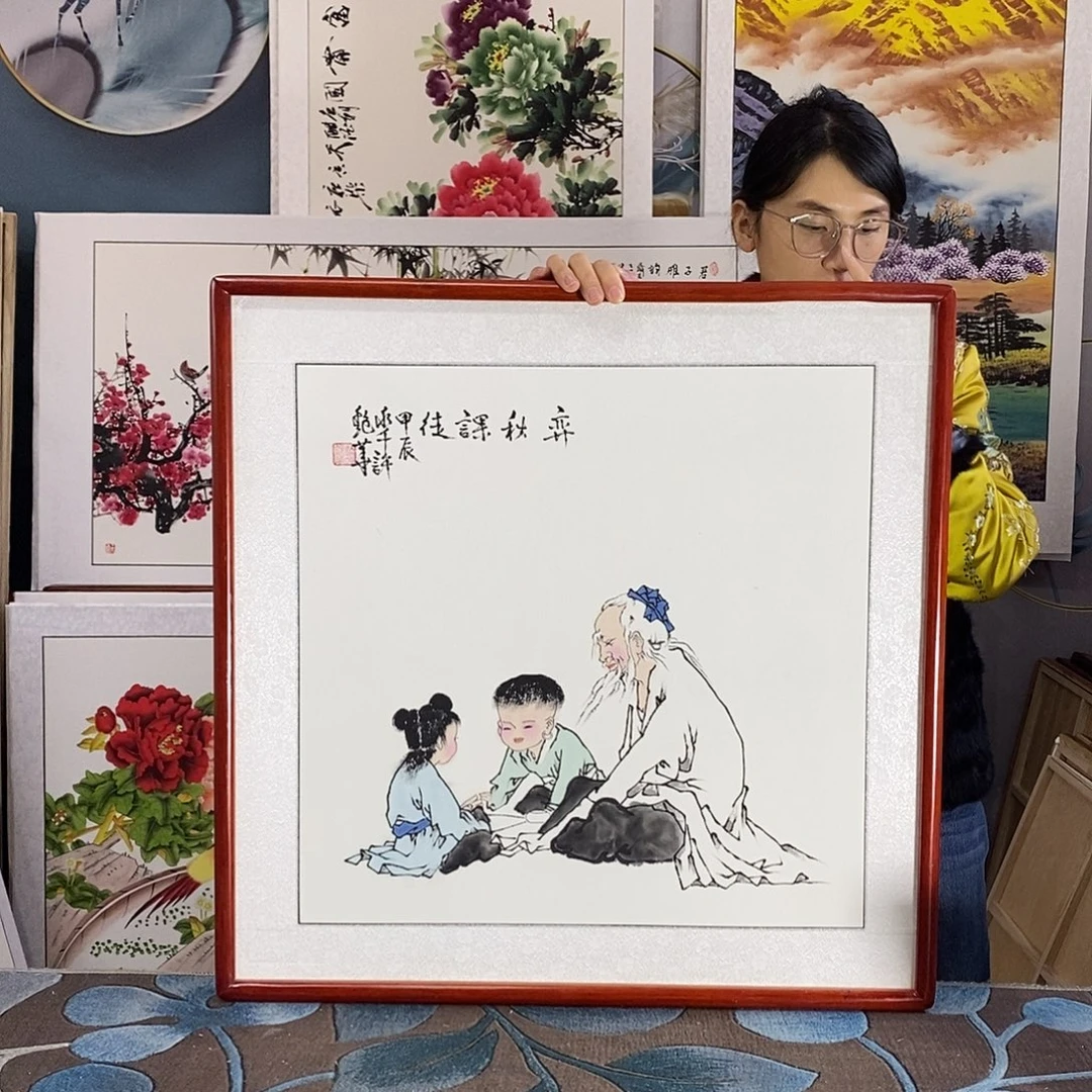 国画手写手绘国画作品带框包邮62✖️62