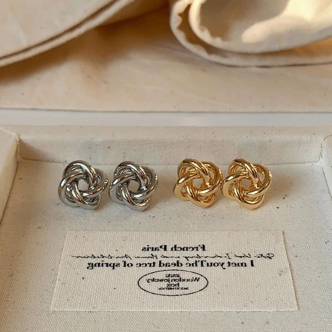 铜合金锆石耳饰 缠绕麻花日韩简约设计小众ins百搭镂空金属扭结耳