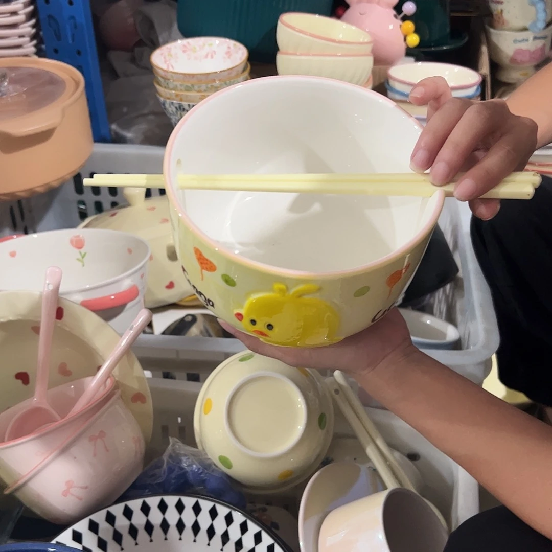 瓷片小鸡面碗送筷子