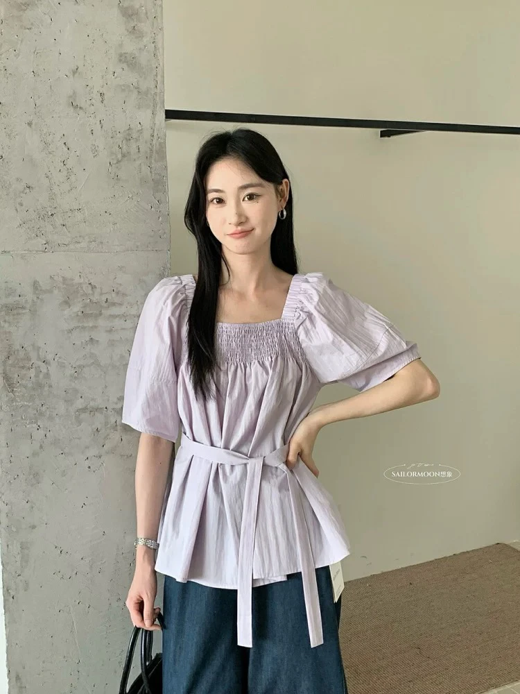 方领短袖衬衫娃娃衫女宽松上衣配飘带