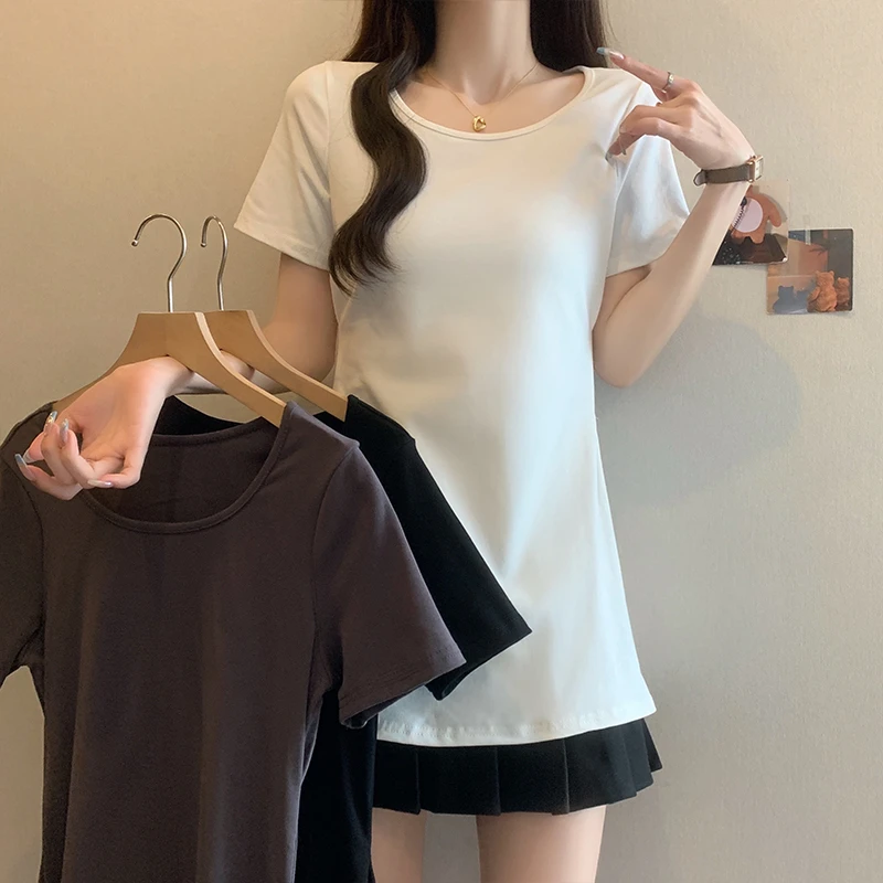A胖mm大码2025夏季新款纯色上衣中长款宽松百搭显瘦短袖t恤上衣女