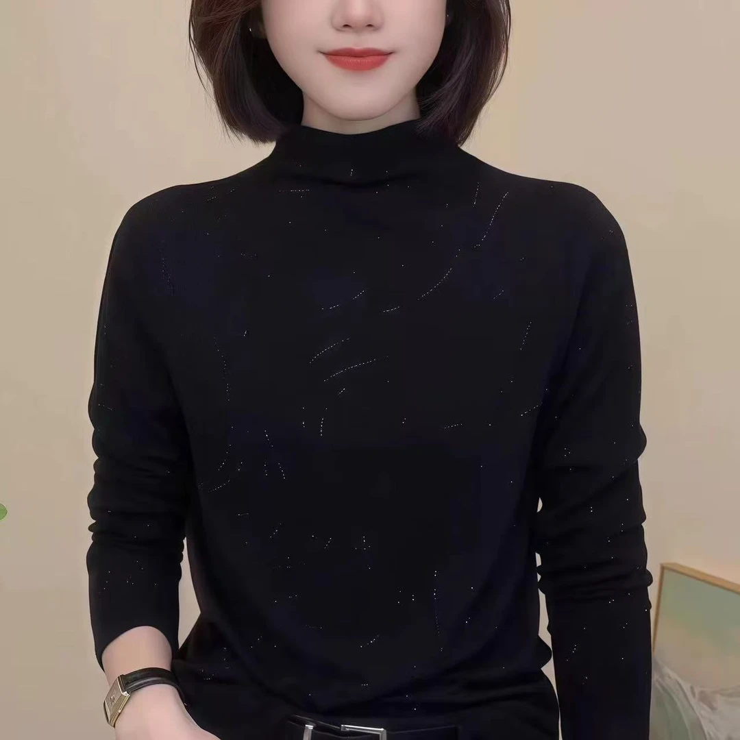 秋冬新款妈妈装遮肉减龄长袖T恤女士纯色水波浪烫钻半高领打底衫