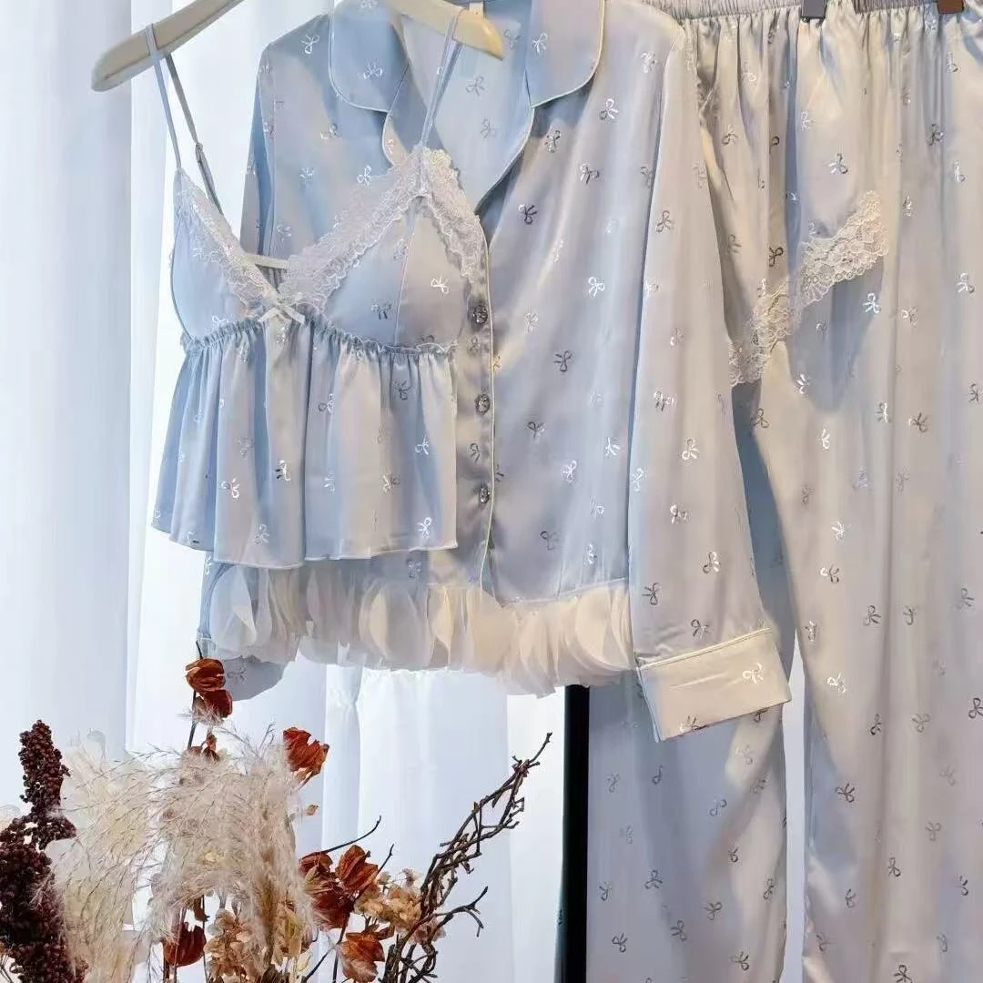 小香风睡衣女春夏柔光丝吊带四件套带胸垫2025年新款可外穿家居服