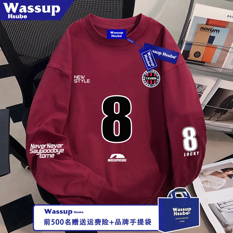 WASSUP HSUBE男女款100%棉长袖圆标数字印花T恤ins秋季酒红色上衣