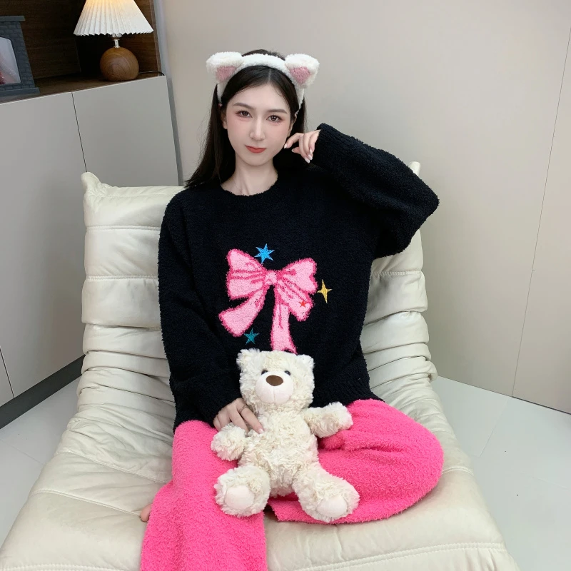 半边绒秋冬季睡衣女网红ins高颜值学生加厚软乎乎卡通家居服套装