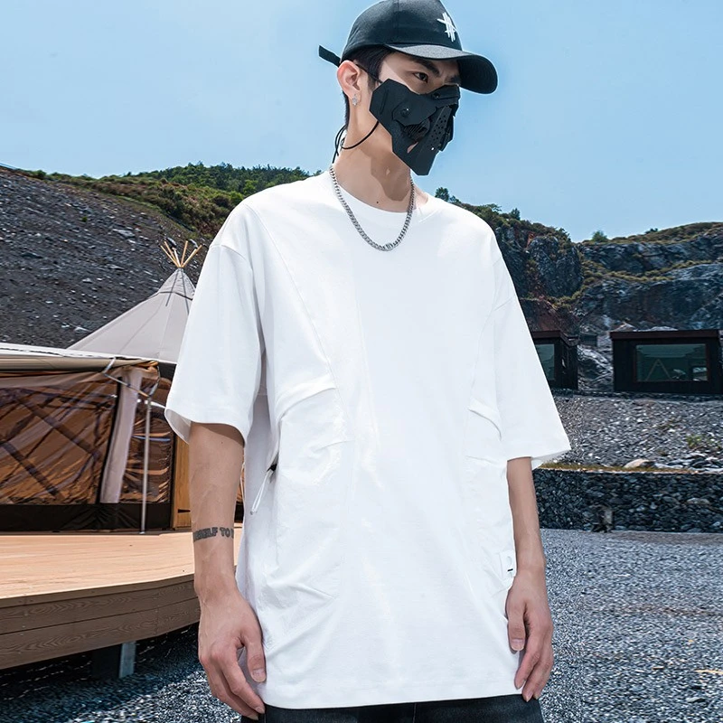 AOGZ简约口袋短袖T恤男女夏季新款纯色圆领重磅宽松拼接情侣半袖