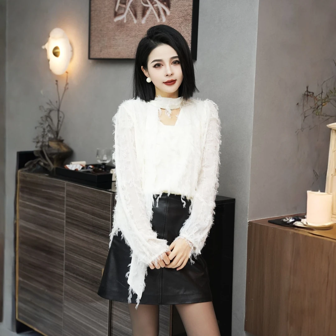 POPULARYW【落雪山眠】气质时尚细闪飘带V领宽松显瘦衬衫上衣