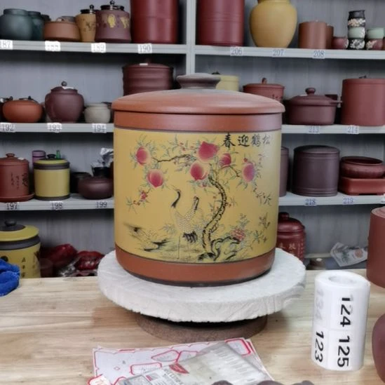 紫砂茶叶罐八饼装茶叶罐松鹤迎春13