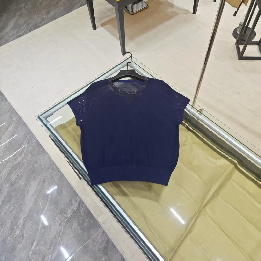 常规款静奢风烫钻短袖T恤女士夏季蓝色百搭休闲