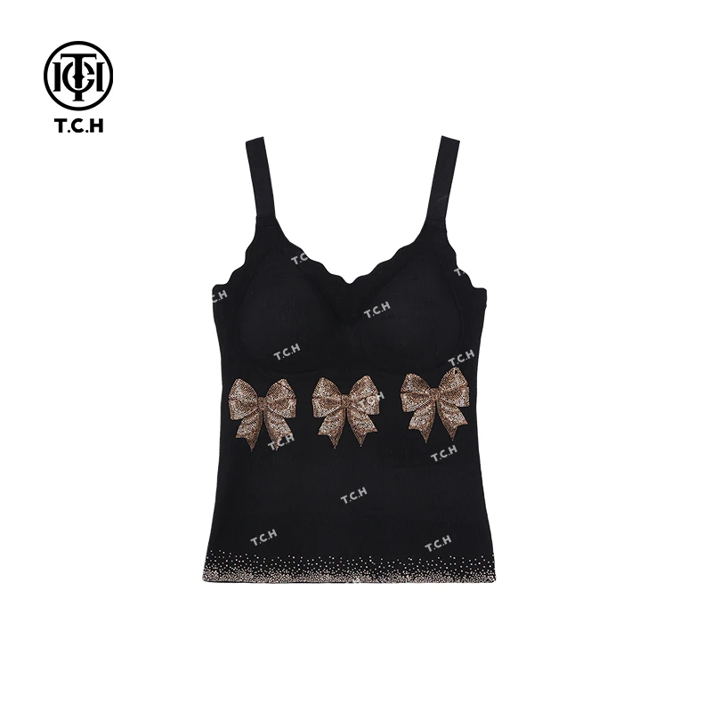私服-TCH蝴蝶结洋气烫钻带杯垫吊带背心T75A03E5001