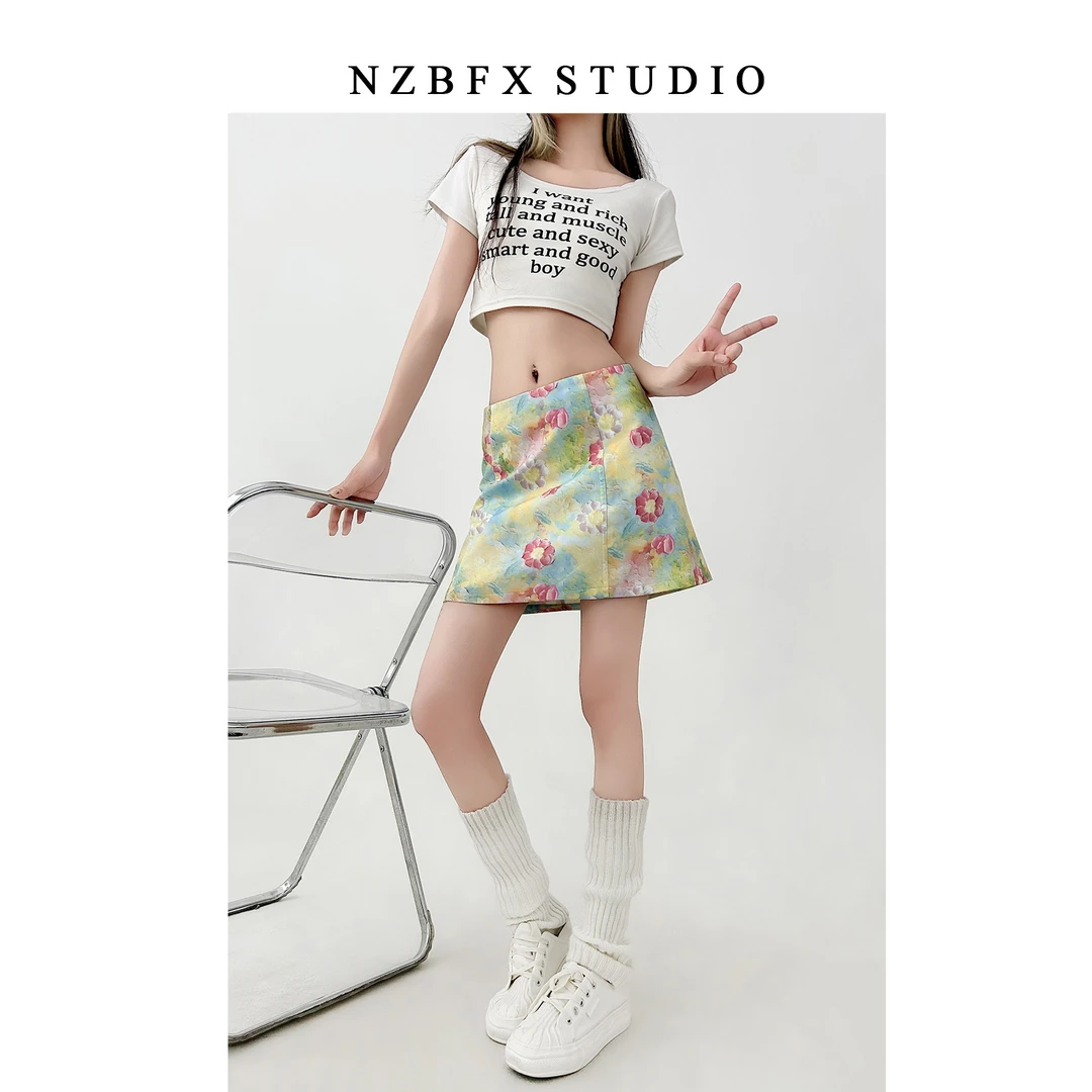 大码胖mm小碎花半身裙女2025新款夏季高腰显瘦油画a字裙包臀短裙