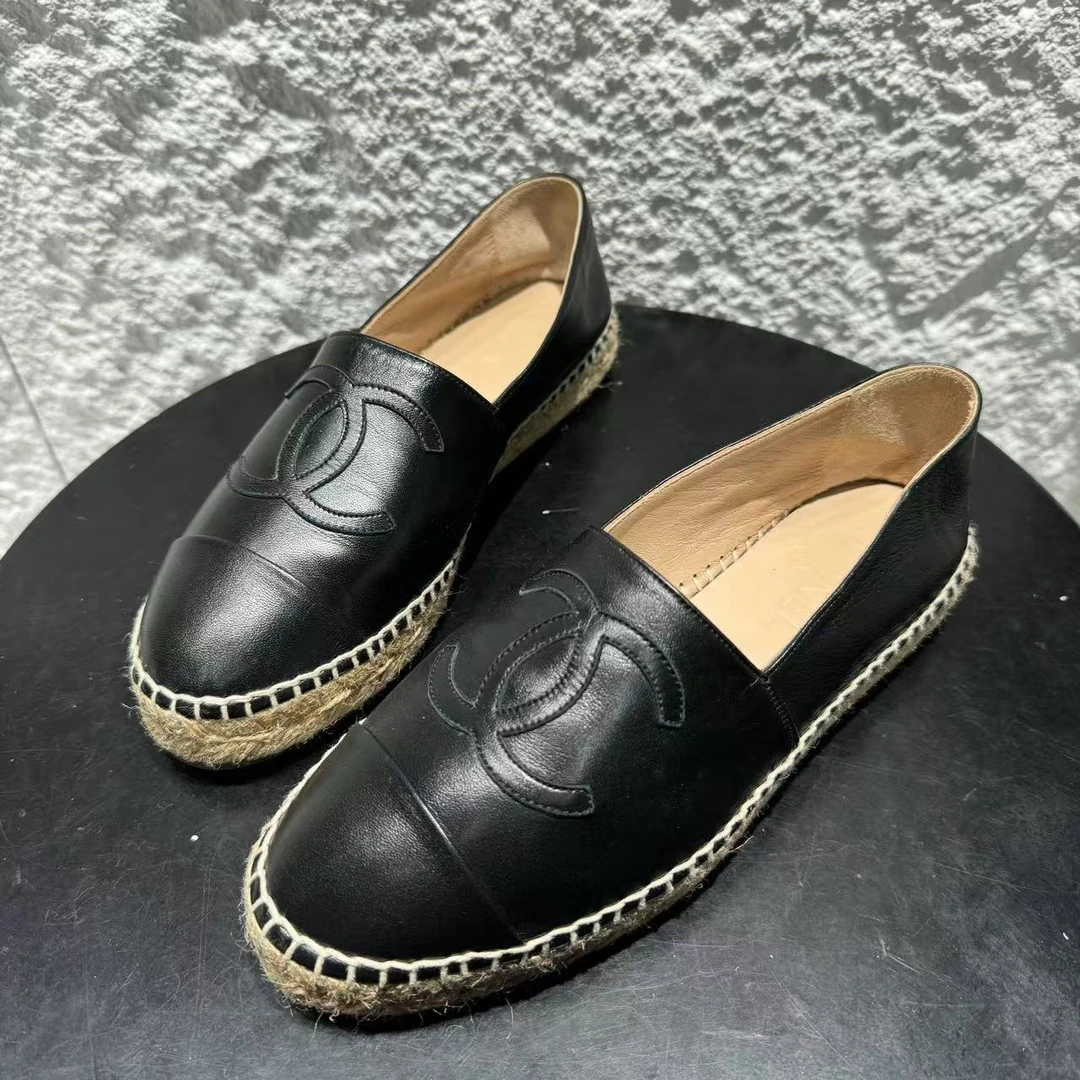 99新 Chanel/香奈儿 37码/仔仔女鞋/黑色双C草编女士渔夫鞋wsp354