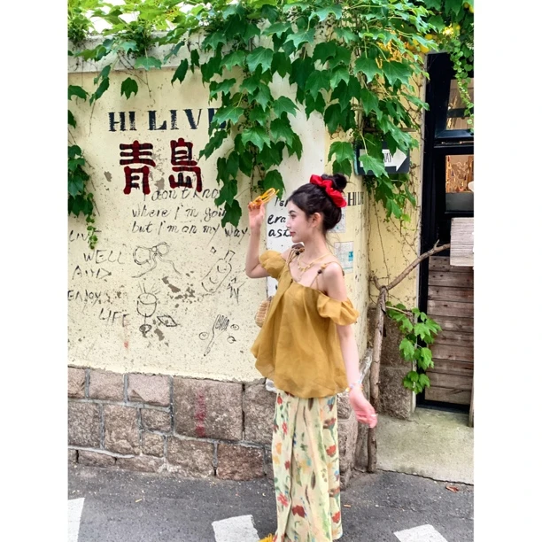 赵小小【海岛时光】纯欲慵懒风一字肩娃娃款法式上衣女生韩系27996