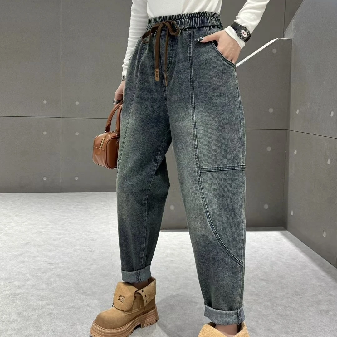 大码女装738春季新款加肥加大宽松休闲百搭显瘦水洗软牛仔老爹裤