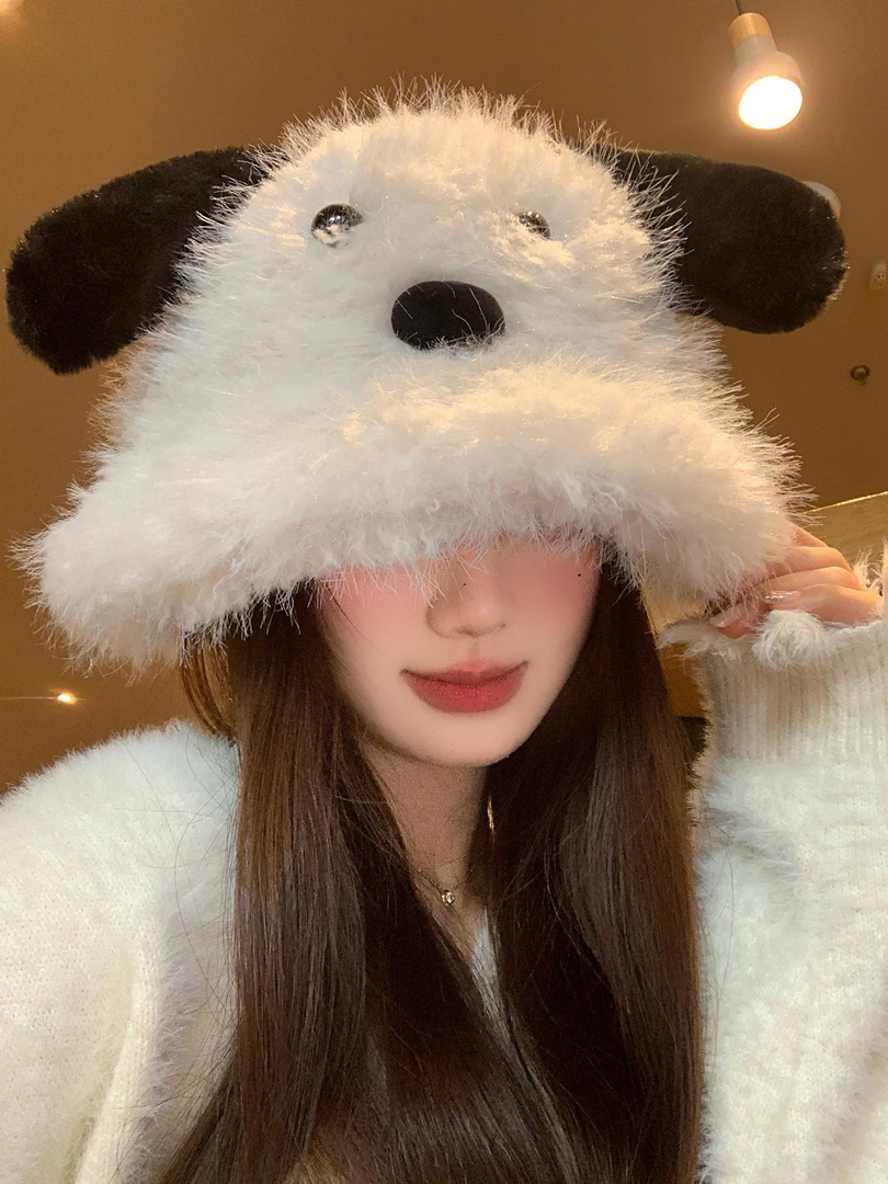 毛茸茸可爱小狗耳朵渔夫帽女秋冬加厚保暖毛绒盆帽显脸小护耳帽子